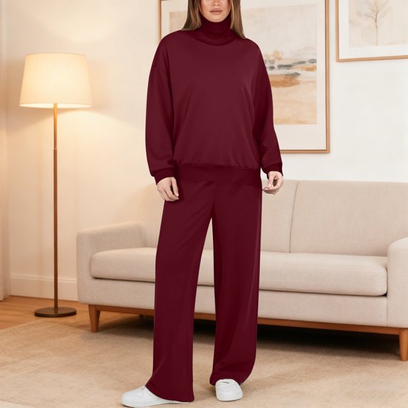 Neck Sweatshirt Women Turtleneck Pullover Long Sleeve Tops & Pants Set (Red S)