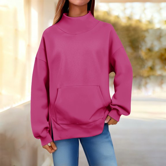 Mock Neck Sweatshirt Women Turtleneck Pullover Womens Oversized Sweatshirts Pullover Tops Mockneck Cozy Tunic Turtleneck Sweatshirt Cozy Soft Pullover Sweatshirts Tunic Sweatshirts Tunic Hot Pink M