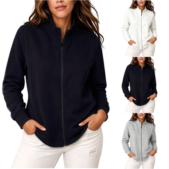 Mock Neck Sweatshirt Zaewscy Fashion Women's Solid Color Long Sleeves Zipper Leisure Stand Collar Coat Top Black L