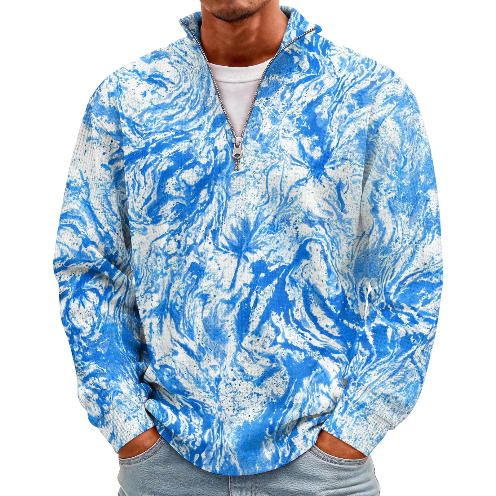 Mock Neck Sweatshirt for Men Waffle Fabric Long Sleeve Zip Up 1/4 ...