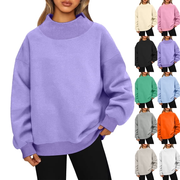Mock Neck Sweatshirt for Women 2026 Cute Crew Neck Long Sleeve Sweaters Fall Winter Fashion Outfits Clothes Purple XXL