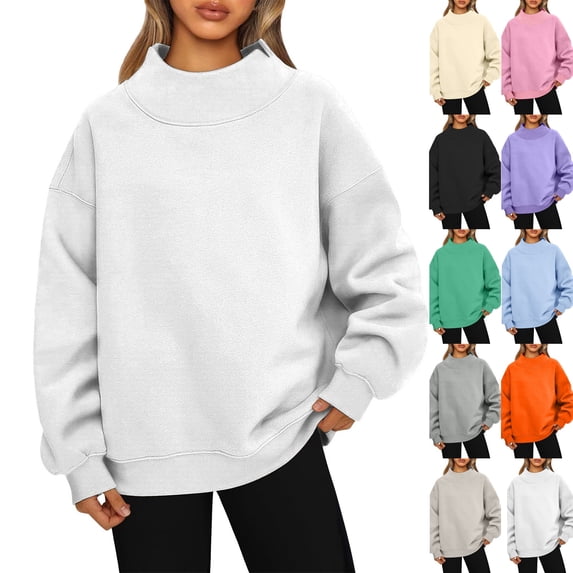 Mock Neck Sweatshirt for Women 2026 Cute Crew Neck Long Sleeve Sweaters Fall Winter Fashion Outfits Clothes White XXL