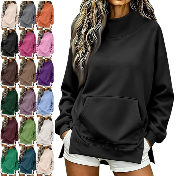 Mock Neck Sweatshirt for Women 2026 Cute Crew Neck Long Sleeve Sweatshirt Fall Winter Fashion Outfits Clothes Black M