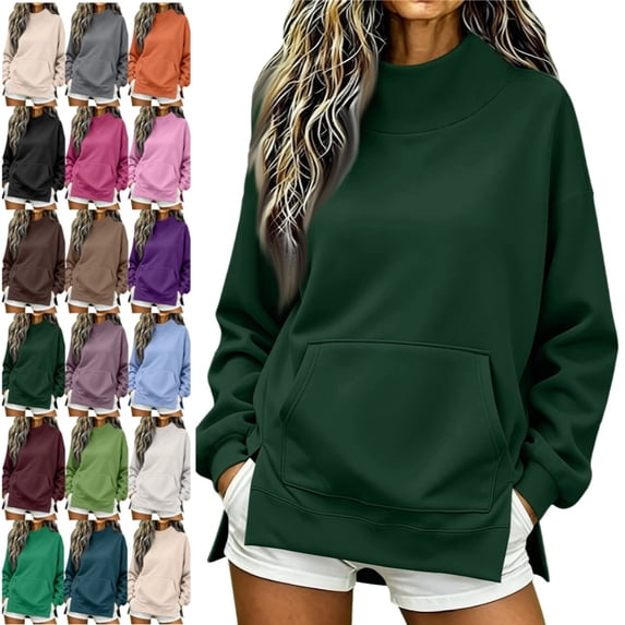 Mock Neck Sweatshirt for Women 2026 Cute Crew Neck Long Sleeve Sweatshirt Fall Winter Fashion Outfits Clothes Dark Green 3XL