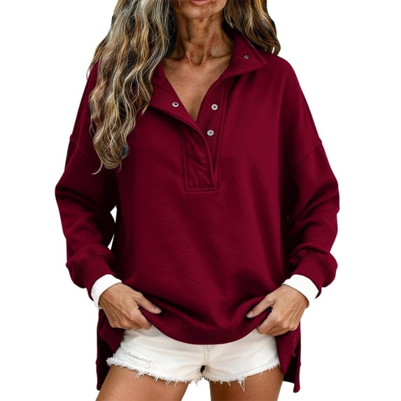 Mock Neck Sweatshirt for Women Oversized Casual Button Henley Neck Pullover Tops