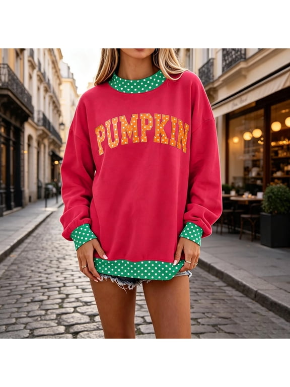 Mock Neck Sweatshirt for Women Polka Dot Oversized Pumpkin Pullover Sweatshirts Halloween No Hood Casual Sweatshirts, S