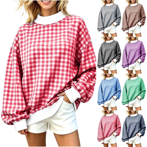 Mock Neck Sweatshirts Women Oversized Graphic Pullover Dropped Long Sleeve Plus Size Casual Tops, Red-Plaid L