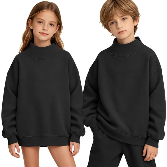 Mock Neck Sweatshirts for Boys Girls Oversized Pullover Slit High Collar Drop Shoulder Long Sleeve Kids Tops (15-16 Years, Black)