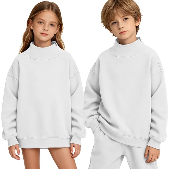 Mock Neck Sweatshirts for Boys Girls Oversized Pullover Slit High Collar Drop Shoulder Long Sleeve Kids Tops (15-16 Years, White)