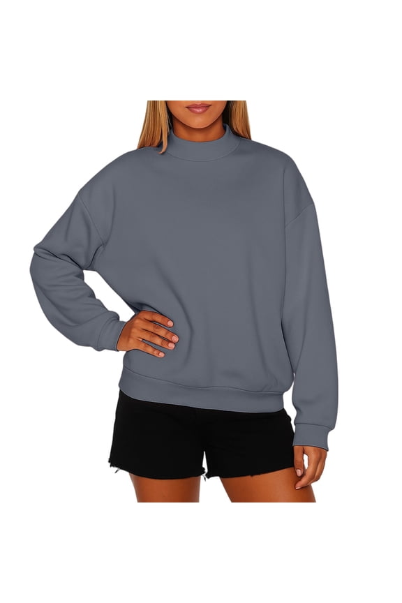 Mock Neck Sweatshirts for Women Fall Oversized Sweatshirt Casual Comfort Cute Pullover Tops Drop Shoulder Sweaters Dark Gray L