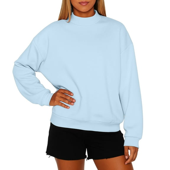 Mock Neck Sweatshirts for Women Fall Oversized Sweatshirt Casual Comfort Cute Pullover Tops Drop Shoulder Sweaters Light Blue M