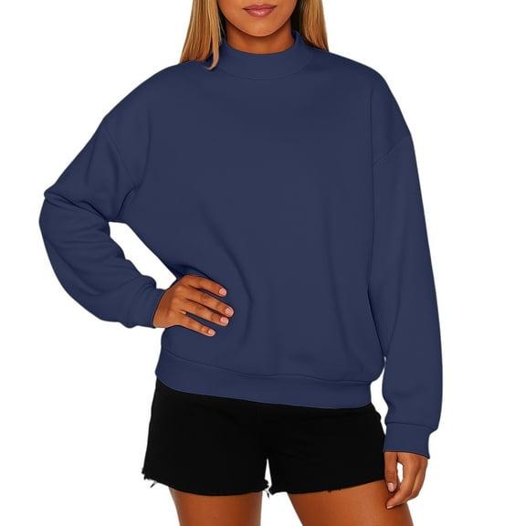 Mock Neck Sweatshirts for Women Fall Oversized Sweatshirt Casual Comfort Cute Pullover Tops Drop Shoulder Sweaters Navy XL