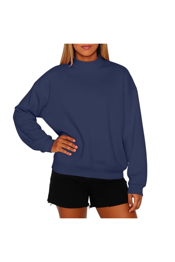 Mock Neck Sweatshirts for Women Fall Oversized Sweatshirt Casual Comfort Cute Pullover Tops Drop Shoulder Sweaters Navy XL