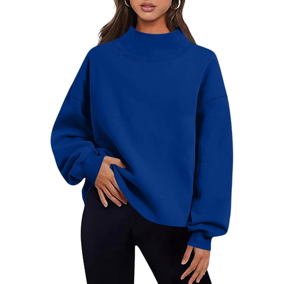 Mock Neck Sweatshirts for Women Long Sleeve Oversized Basic Pullover Tops - Ladies Fall Fashion Solid Preppy Outfits Blue S
