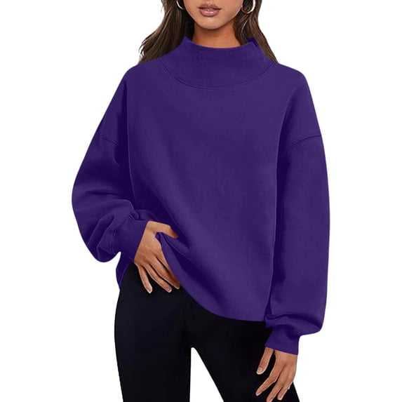 Mock Neck Sweatshirts for Women Long Sleeve Oversized Basic Pullover Tops - Ladies Fall Fashion Solid Preppy Outfits Purple XXL