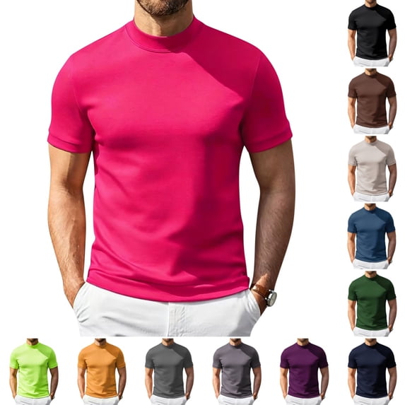 Mock Neck T Shirts Men Trendy Stretch Short Sleeve Slim Fit Basic T Shirts Summer Breathable Lightweight Business Casual T Shirt Hot Pink XL