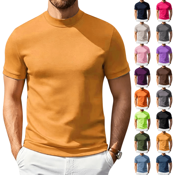 Mock Neck T Shirts for Men Short Sleeve Mock Turtleneck Slim Fit Gym Lightweight Summer Golf Pullover Tops Undershirt Earthy Yellow L