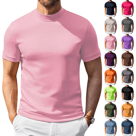 Mock Neck T Shirts for Men Short Sleeve Mock Turtleneck Slim Fit Gym Lightweight Summer Golf Pullover Tops Undershirt Light pink L