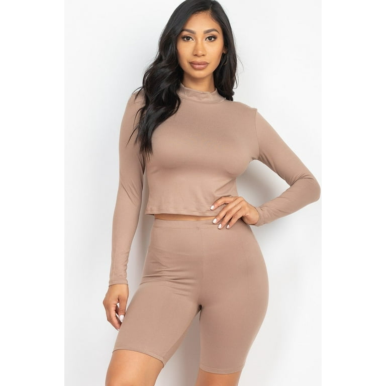 Mock Neck Top Biker Shorts Set S.M.L Stretch knit. Solid 92