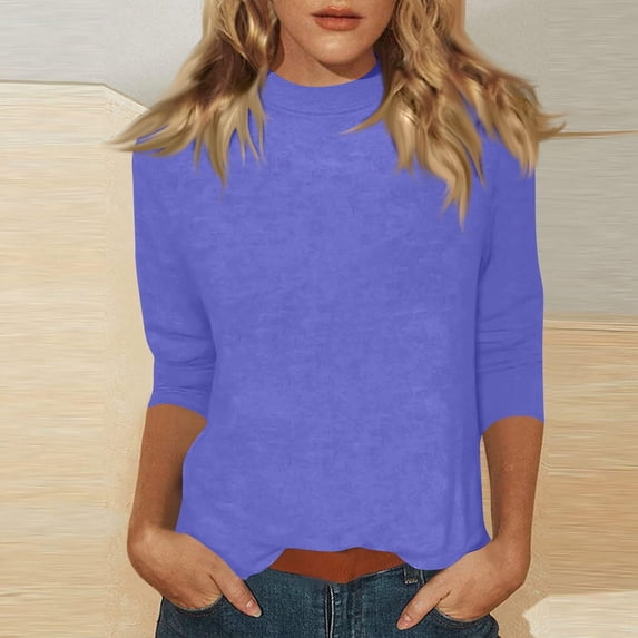 Mock Neck Tops for Women 3/4 Sleeve, Solid Color Loose Fit Pullover T-Shirt, Lightweight Casual Work Blouse for Everyday Wear, Spring Outfits 2026, Street Style and Office Purple M