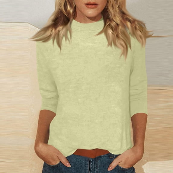 Mock Neck Tops for Women 3/4 Sleeve, Solid Color Loose Fit Pullover T-Shirt, Lightweight Casual Work Blouse for Everyday Wear, Spring Outfits 2026, Street Style and Office Beige L