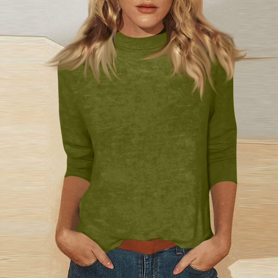 Mock Neck Tops for Women 3/4 Sleeve, Solid Color Loose Fit Pullover T-Shirt, Lightweight Casual Work Blouse for Everyday Wear, Spring Outfits 2026, Street Style and Office Army Green XXL