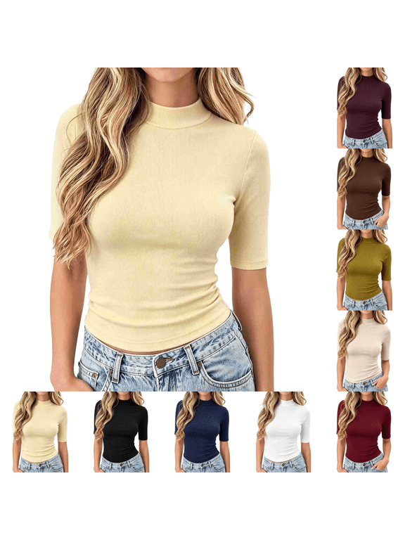 Mock Neck Tops For Women Short Sleeve Slim Basic Summer Fall Basic Tee Mock Turtleneck Tops Women Slim Fit Fashion Top Half Sleeve T-Shirt Dressy Casual Basic Business Work Summer Fall