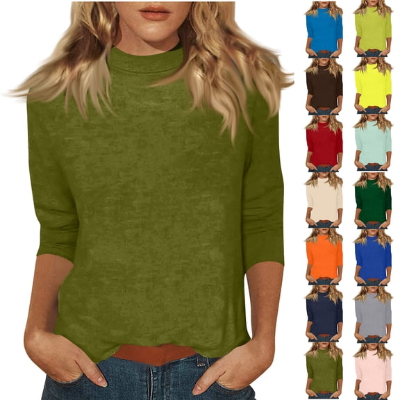 Mock Neck Tops for Women 3/4 Sleeve Basic Cute Spring Shirts Dressy Casual Work Blouse Undershirt Fluorescence Yellow 3XL