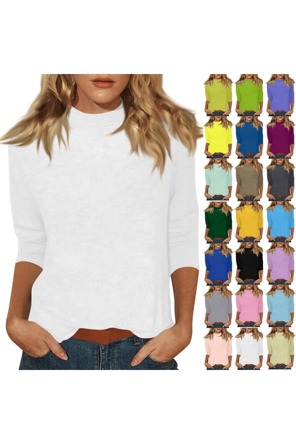 Mock Neck Tops for Women 3/4 Sleeve Dressy Casual T Shirts Loose Fit Lightweight Solid Work Blouses Spring 2026 Orange L