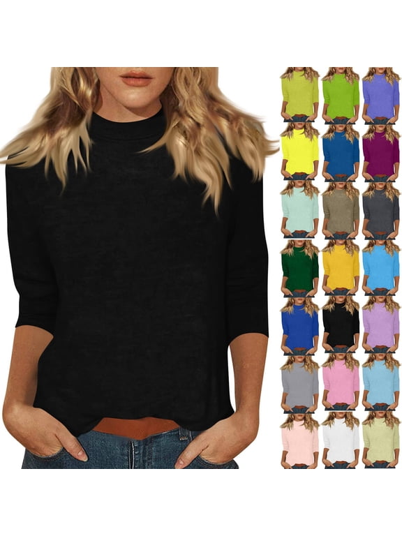 Mock Neck Tops for Women 3/4 Sleeve Dressy Casual T Shirts Loose Fit Spring 2026 Lightweight Solid Work Blouses Black 2XL