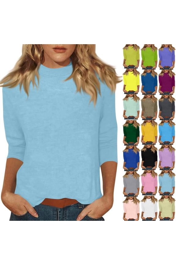 Mock Neck Tops for Women 3/4 Sleeve Dressy Casual T Shirts Loose Fit Spring 2026 Lightweight Solid Work Blouses Light Blue XL