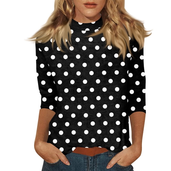 Mock Neck Tops for Women 3/4 Sleeve Polka Dot Basic Cute Fall Shirts Dressy Casual Lightweight Work Blouse Undershirt Black 2XL