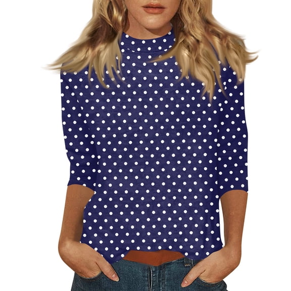 Mock Neck Tops for Women 3/4 Sleeve Polka Dot Basic Cute Fall Shirts Dressy Casual Lightweight Work Blouse Undershirt Navy L