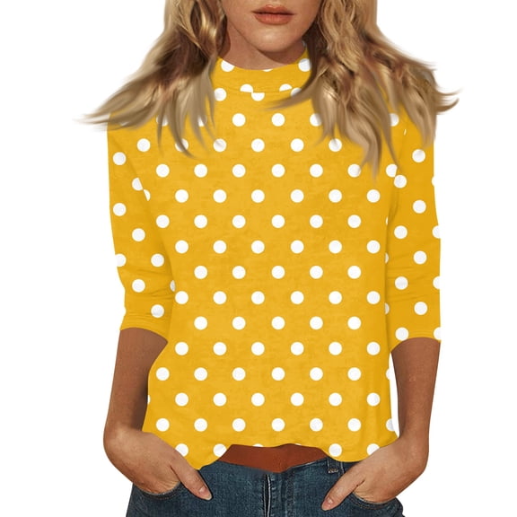 Mock Neck Tops for Women 3/4 Sleeve Polka Dot Basic Cute Fall Shirts Dressy Casual Lightweight Work Blouse Undershirt Yellow L