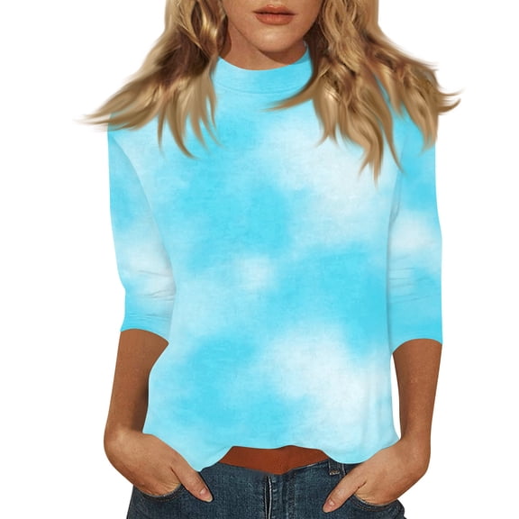 Mock Neck Tops for Women 3/4 Sleeve Tie Dye Basic Cute Fall Shirts Dressy Casual Lightweight Work Blouse Undershirt Sky Blue L