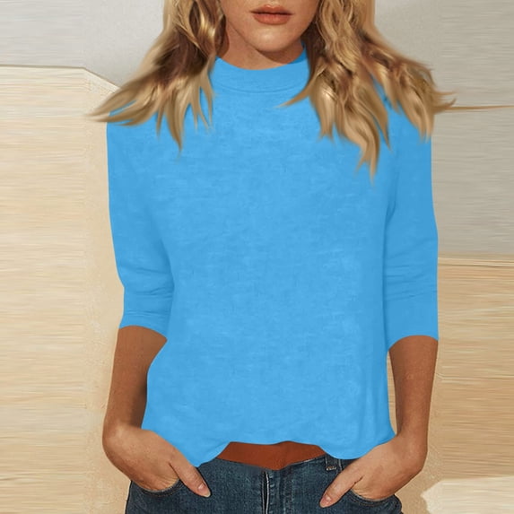 Mock Neck Tops for Women Basic 3/4 Sleeve Layering Shirts Dressy Casual Loose Lightweight Turtleneck Tops Cyan S