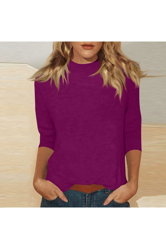 Mock Neck Tops for Women Basic 3/4 Sleeve Layering Shirts Dressy Casual Loose Lightweight Turtleneck Tops Dark Purple 3XL