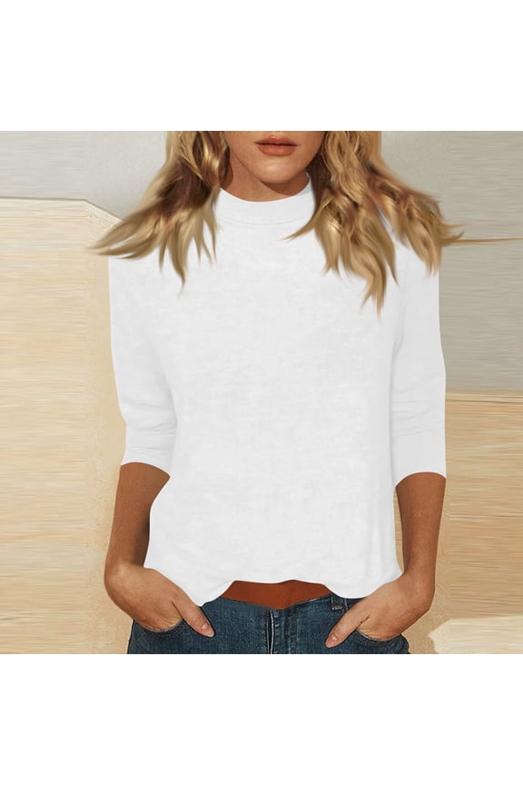 Mock Neck Tops for Women Basic 3/4 Sleeve Layering Shirts Dressy Casual Loose Lightweight Turtleneck Tops White L