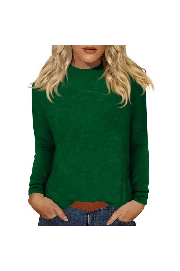 Mock Neck Tops for Women Basic Long Sleeve Layering Shirts Dressy Casual Loose Lightweight Turtleneck Tops Dark Green L