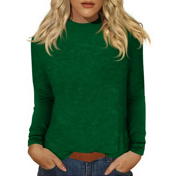Mock Neck Tops for Women Basic Long Sleeve Layering Shirts Dressy Casual Loose Lightweight Turtleneck Tops Dark Green S