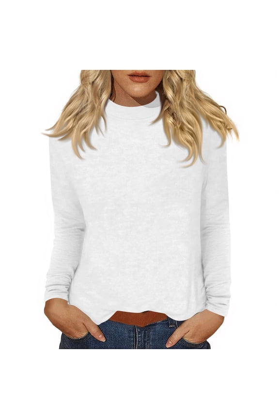 Mock Neck Tops for Women Basic Long Sleeve Layering Shirts Dressy Casual Loose Lightweight Turtleneck Tops White M
