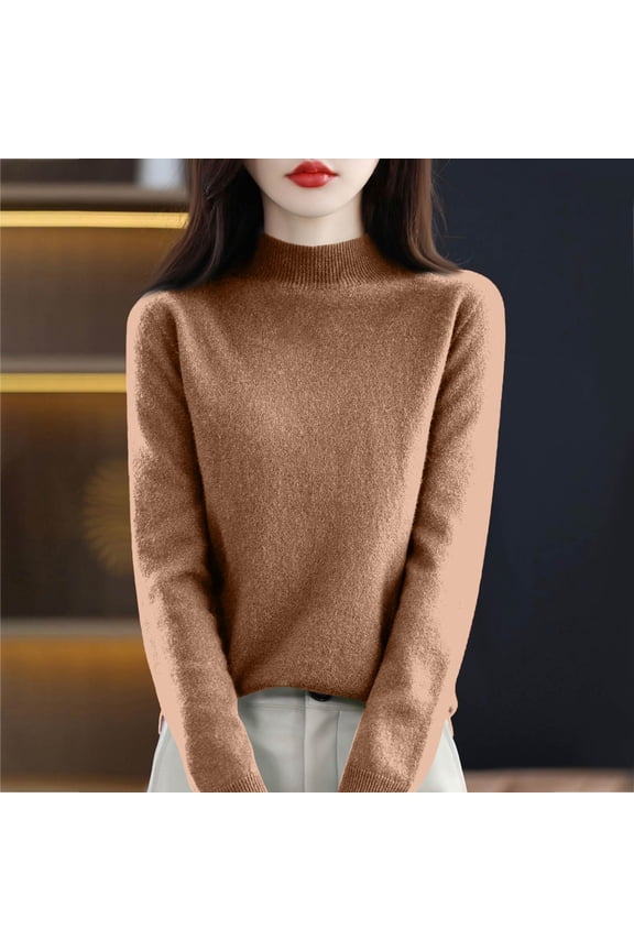 Mock Neck Tops for Women Long Sleeve Dressy Casual Lightweight Basic Knitted Pullover Sweater Khaki 2XL