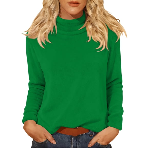 Mock Neck Tops for Women Long Sleeve Soft Warm Solid Color Tops Loose Fit Fuzzy Mock Turtleneck Top Green M