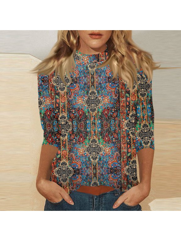 Mock Neck Tops for Women Loose Fitting 3/4 Sleeve Shirt Cozy Casual Fitted Basic Tees Lightweight Comfy Pullover Wine M