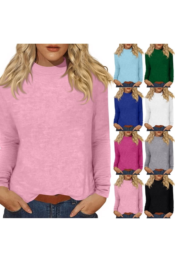 Mock Neck Tops for Women Loose Fitting Long Sleeve Shirt Cozy Casual Fitted Basic Tees Lightweight Comfy Pullover Dark Green L
