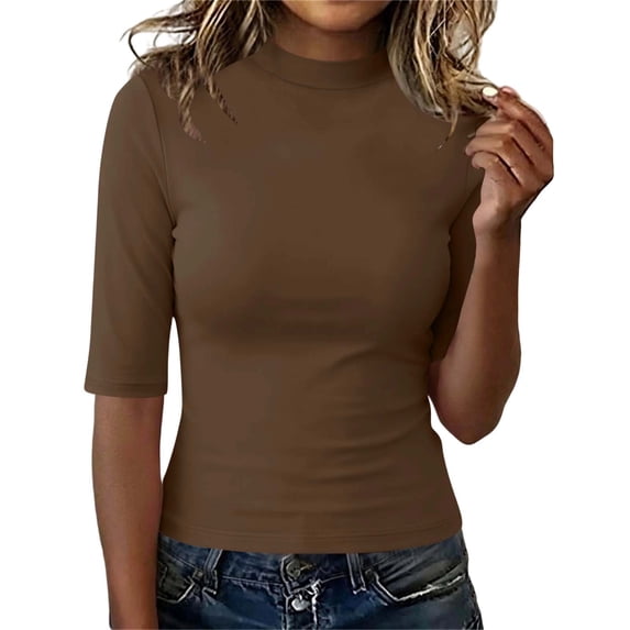 Mock Neck Tops for Women Slim Fit Half Sleeve Crewneck T Shirts Solid Casual Spring Fall Base Tees (2XL, Brown)