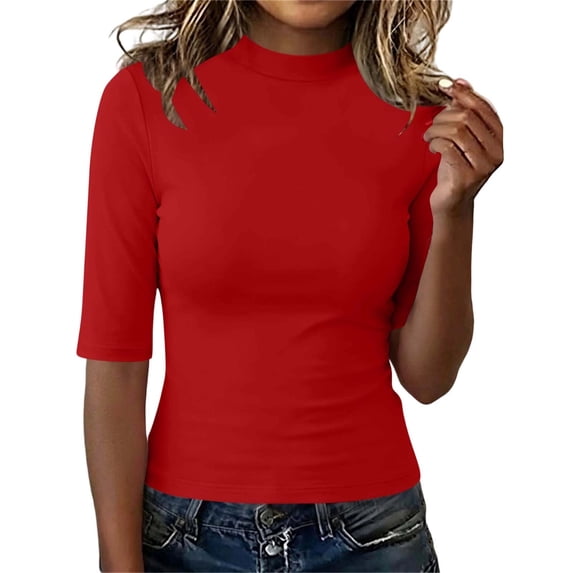 Mock Neck Tops for Women Slim Fit Half Sleeve Crewneck T Shirts Solid Casual Spring Fall Base Tees (S, Red)