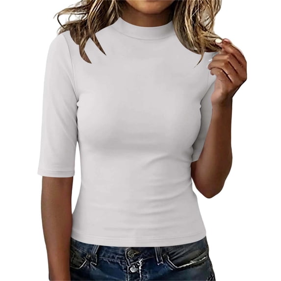 Mock Neck Tops for Women Slim Fit Half Sleeve Crewneck T Shirts Solid Casual Spring Fall Base Tees (S, White)