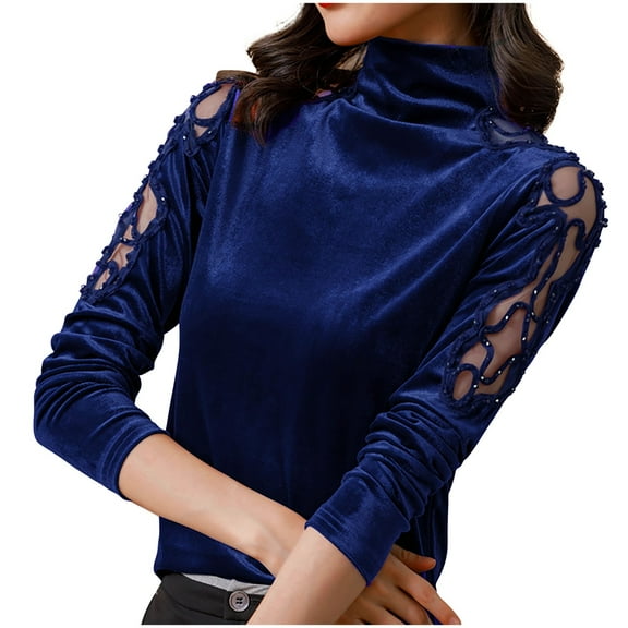 Mock Neck Velvet Shirt for Women Dressy Casual Tops and Blouses Lace Long Sleeve Pullover T-Shirts