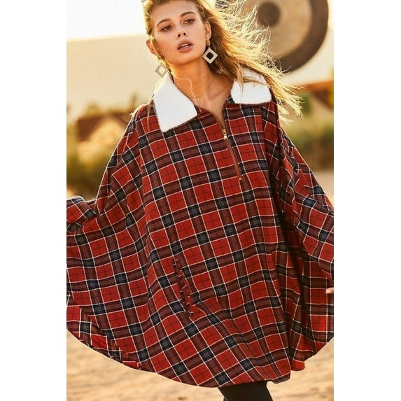 Mock Neck With Zipper Contrast Inside Front Pocket Plaid Poncho